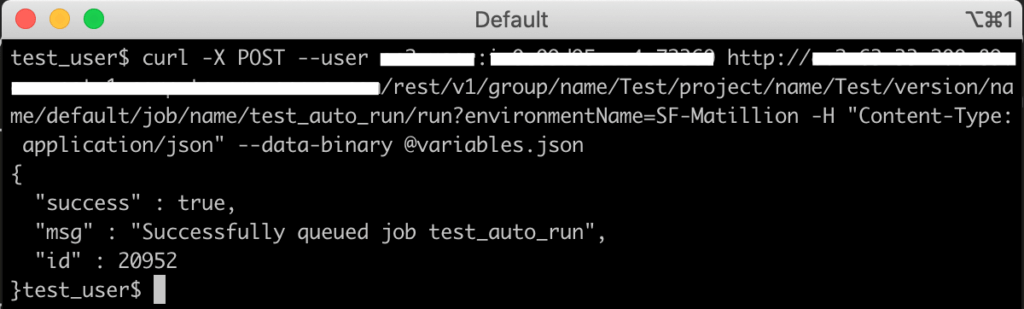 Executing a job in the Matillion API: Screen shot of the second CURL command method