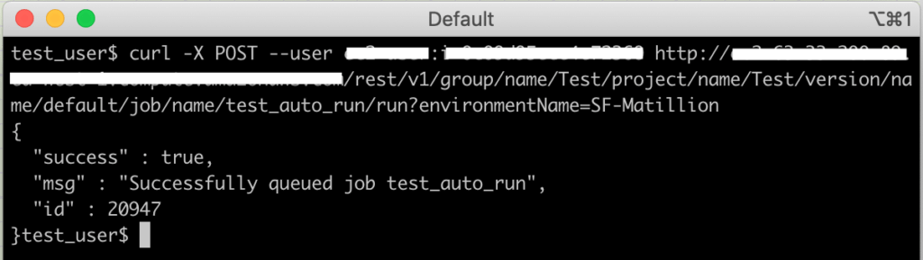 Executing jobs from the Matillion API: this is a screen shot of the CURL command method 1